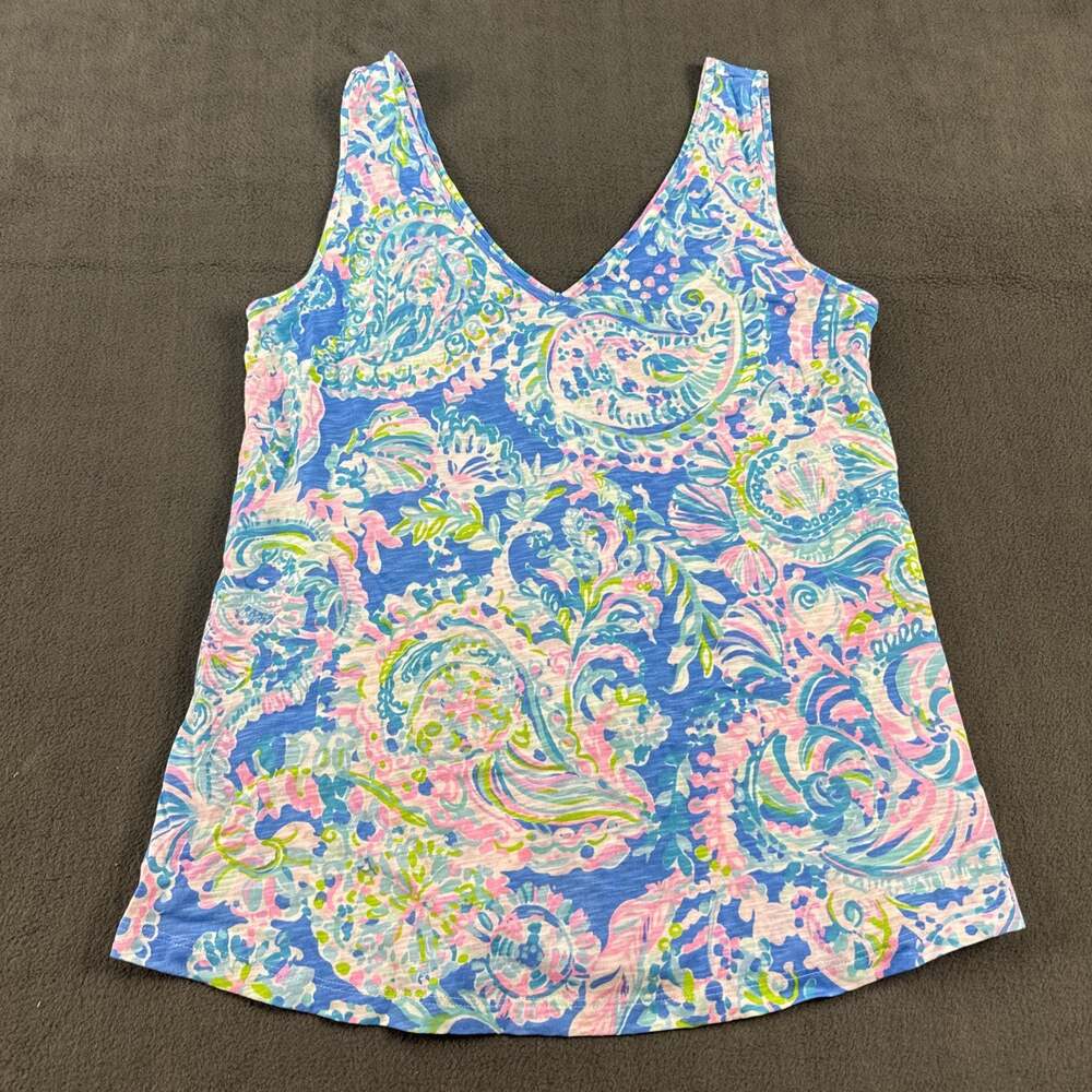 Lilly Pulitzer Womens S Gigi Zanzibar Blue Fish Kiss Sleeveless Top V-Neck